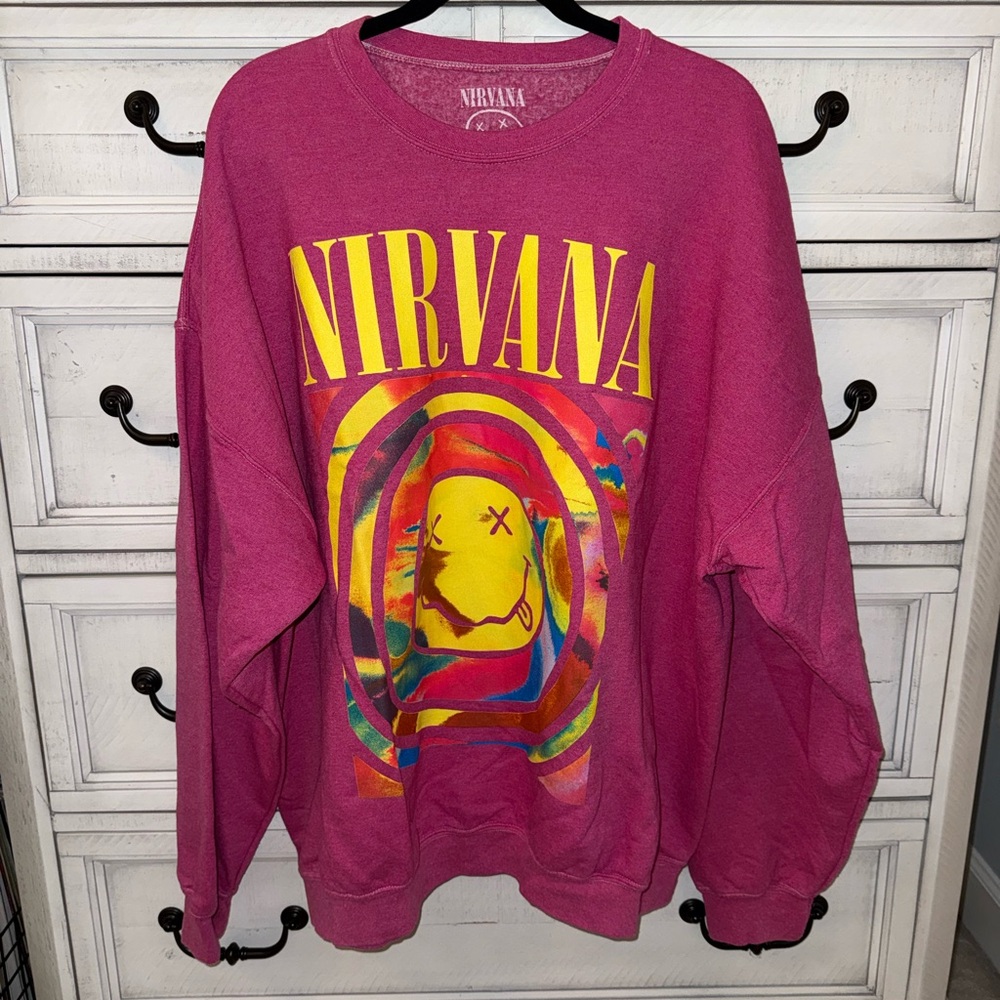 Urban Outfitters NIRVANA Smile Overdyed Crew Neck Sweatshirt in Pink